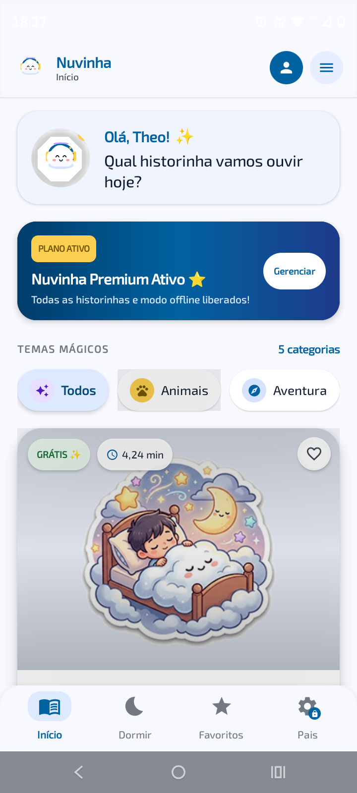 Catálogo com temas mágicos e historinhas do aplicativo infantil Nuvinha
