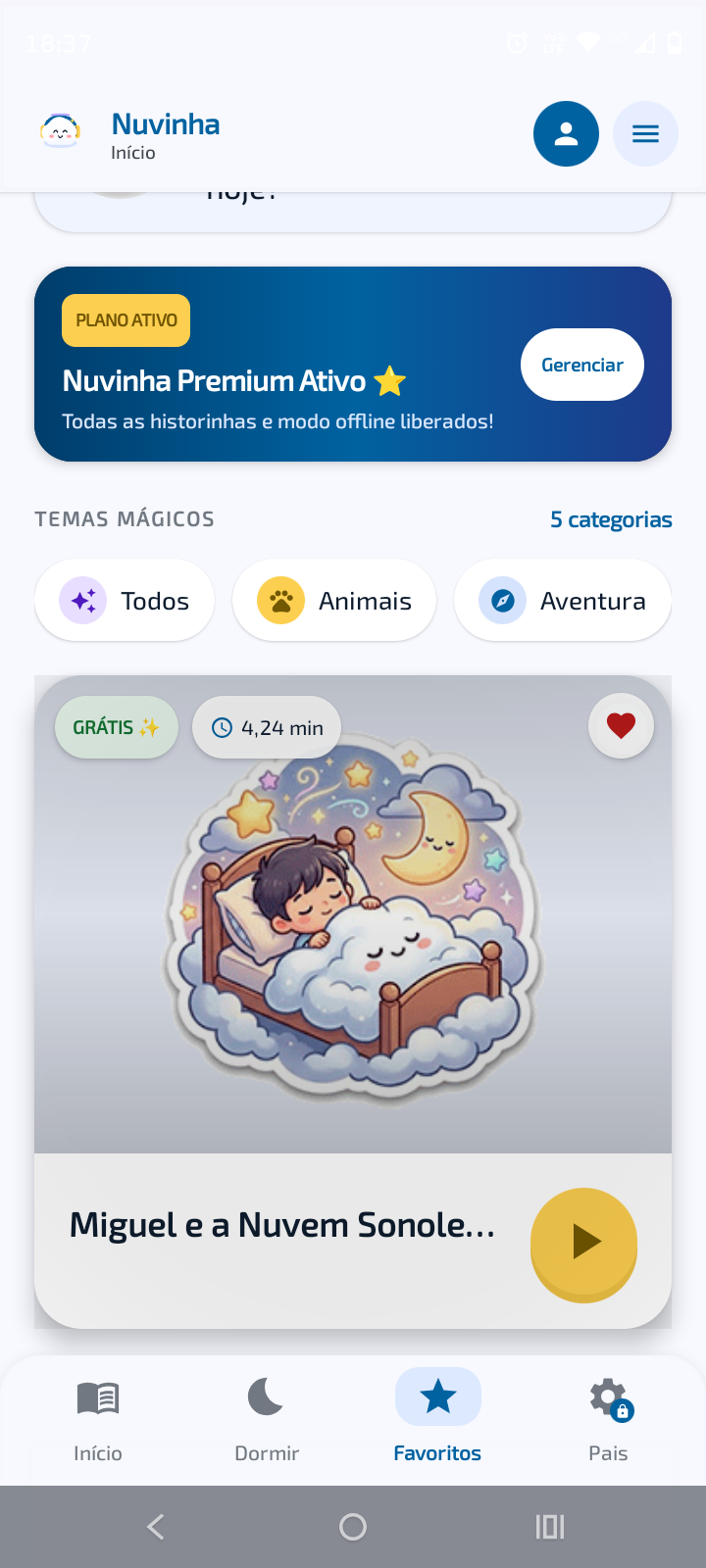Tela de detalhe da história com botão de favoritos