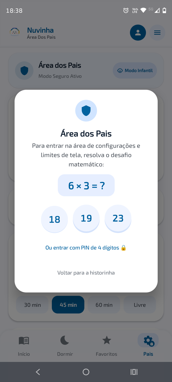 Tela de trava parental do Nuvinha com desafio matemático para proteção de configurações