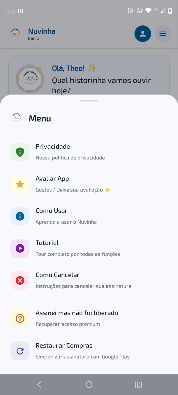 Menu seguro dos pais com privacidade e configurações