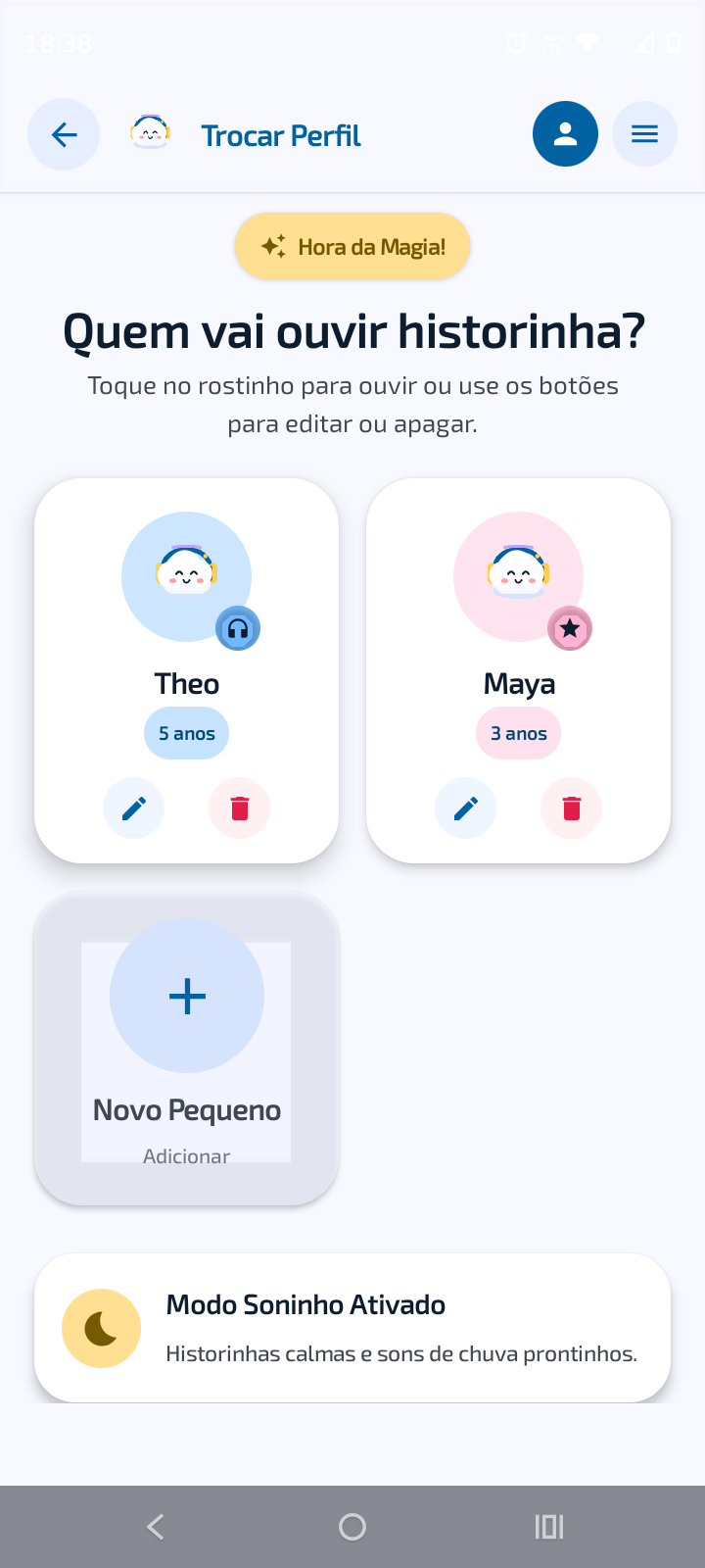 Tela de seleção e gerenciamento de perfis infantis no app Nuvinha