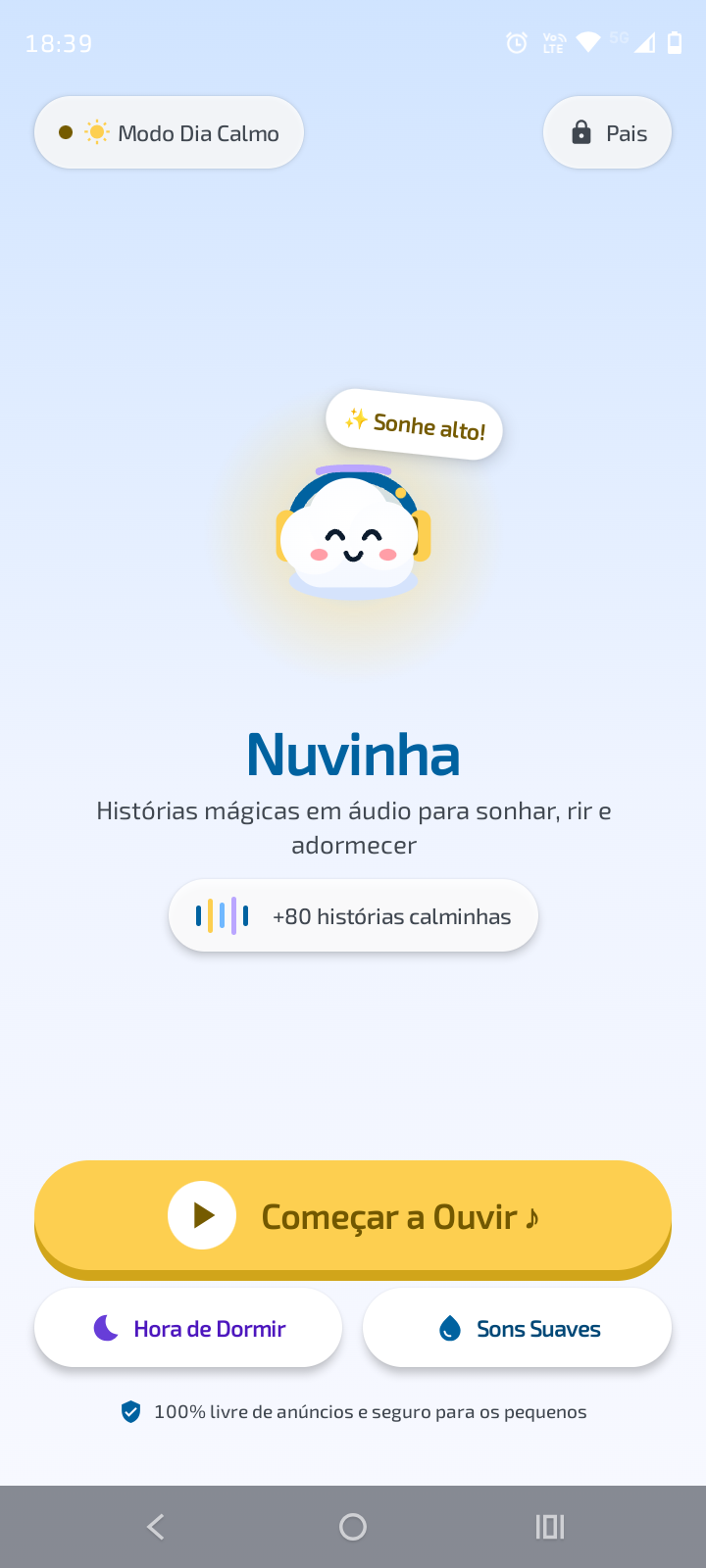 Tela de boas-vindas do aplicativo infantil Nuvinha