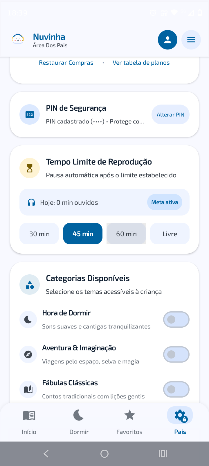 Controle de limite diário de reprodução e seleção de categorias